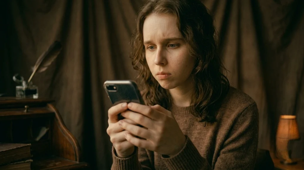 anxious attachment pattern triggering a woman to obsessively check her phone in a dark room out of a deep fear of abandonment.