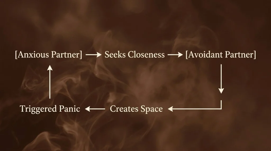 anxious attachment vs avoidant attachment relationship flowchart mapping the toxic push pull cycle of the anxious avoidant trap.