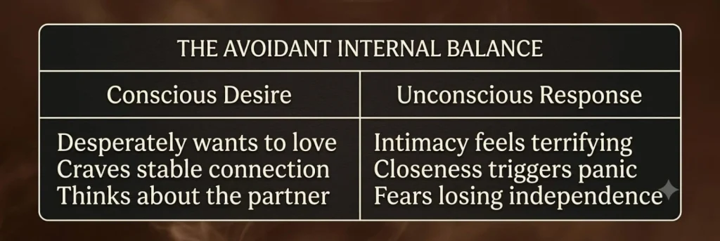 Psychological comparison table breaking down the conscious desires versus the unconscious defenses of the avoidant attachment style.