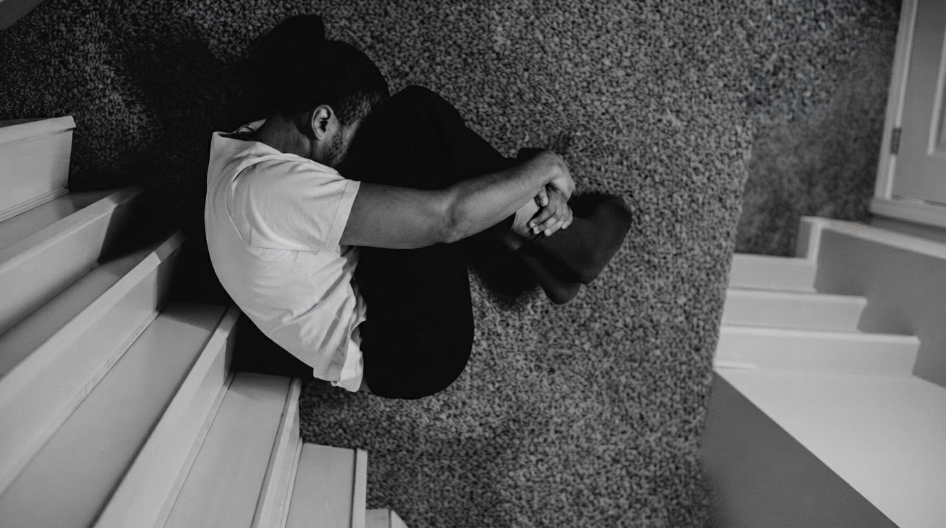 A person curled up in emotional distress and nervous system freeze, representing the heavy toll of unmanaged emotional patterns in relationships.
